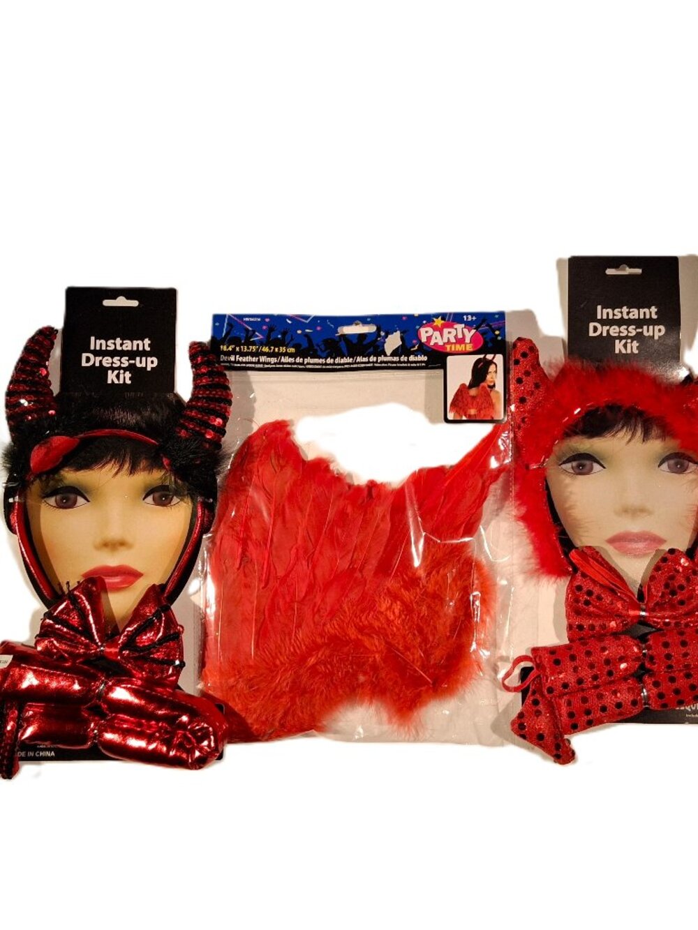 Devil Halloween Dress-Up Kit 3 pc set Horns Tail Bowtie Sequin Feather Wings NEW